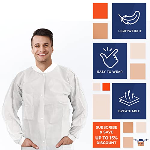 EZGOODZ White Disposable Lab Coat Small, Pack of 10 Unisex Disposable Lab Coats for Adults, SPP 45 GSM Painting Lab Coat Disposable, Plastic Lab Coats with Snaps Front, Knit Cuffs, Collar, 3 Pockets