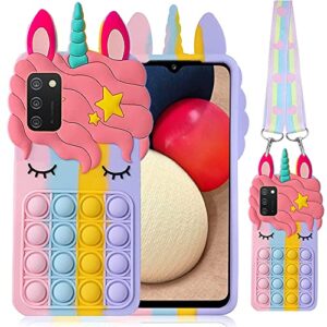 b-wishy fidget toys stress relief phone case for samsung galaxy a02s,a03s, with strap,push pop bubble 3d cartoon funny cute silicone cover for girls kids teen, aesthetic color bubble case-rainbow