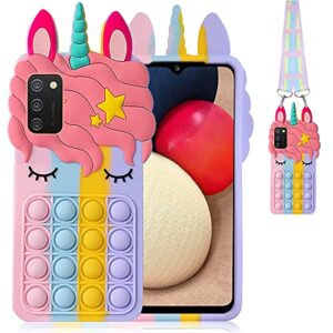 B-wishy Fidget Toys Stress Relief Phone Case for Samsung Galaxy A02S,A03S, with Strap,Push Pop Bubble 3D Cartoon Funny Cute Silicone Cover for Girls Kids Teen, Aesthetic Color Bubble Case-Rainbow