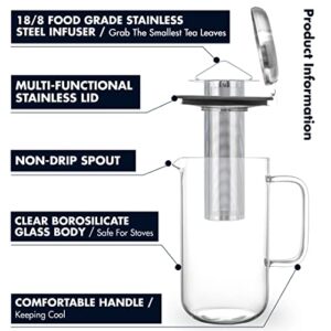 Aquach Glass Teapot Pitcher with Removable Infuser for Loose and Blooming Tea 51oz/1500ml, Dishwasher&Stovetop Safe Tea Maker Kettle Set with Stainless Steel Lid