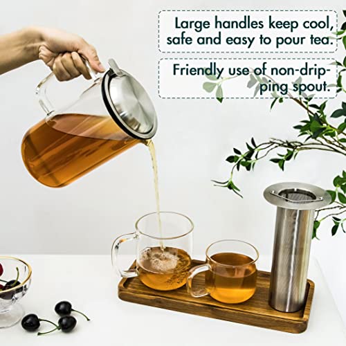 Aquach Glass Teapot Pitcher with Removable Infuser for Loose and Blooming Tea 51oz/1500ml, Dishwasher&Stovetop Safe Tea Maker Kettle Set with Stainless Steel Lid