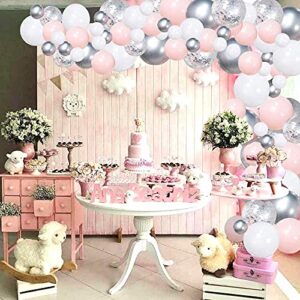 Silver Pink Balloons Garland Kit, 106pcs White and Silver Confetti Metallic Latex Balloons Arch with 16ft Tape Strip & Dot Glue for Girl Baby Shower, Birthday Party, Wedding, Anniversary Decorations