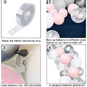 Silver Pink Balloons Garland Kit, 106pcs White and Silver Confetti Metallic Latex Balloons Arch with 16ft Tape Strip & Dot Glue for Girl Baby Shower, Birthday Party, Wedding, Anniversary Decorations