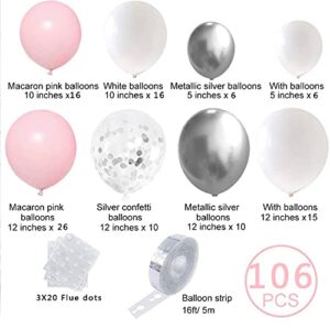 Silver Pink Balloons Garland Kit, 106pcs White and Silver Confetti Metallic Latex Balloons Arch with 16ft Tape Strip & Dot Glue for Girl Baby Shower, Birthday Party, Wedding, Anniversary Decorations