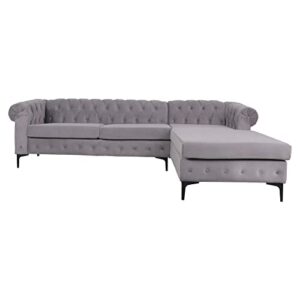 NOSGA Large Sofa,Velvet Sectional Sofa with Chaise Lounge, Modern Seater Couch Furniture, seat Sofa Classic Tufted Chesterfield Settee Sofa Tufted Back for Living Room (Grey)