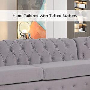 NOSGA Large Sofa,Velvet Sectional Sofa with Chaise Lounge, Modern Seater Couch Furniture, seat Sofa Classic Tufted Chesterfield Settee Sofa Tufted Back for Living Room (Grey)