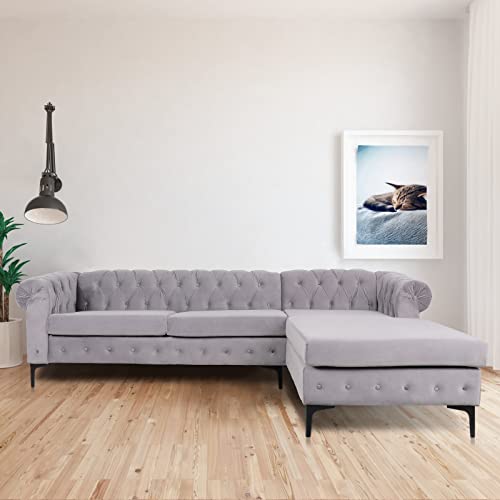 NOSGA Large Sofa,Velvet Sectional Sofa with Chaise Lounge, Modern Seater Couch Furniture, seat Sofa Classic Tufted Chesterfield Settee Sofa Tufted Back for Living Room (Grey)