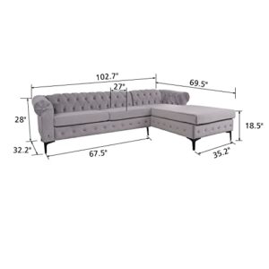 NOSGA Large Sofa,Velvet Sectional Sofa with Chaise Lounge, Modern Seater Couch Furniture, seat Sofa Classic Tufted Chesterfield Settee Sofa Tufted Back for Living Room (Grey)