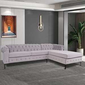 NOSGA Large Sofa,Velvet Sectional Sofa with Chaise Lounge, Modern Seater Couch Furniture, seat Sofa Classic Tufted Chesterfield Settee Sofa Tufted Back for Living Room (Grey)