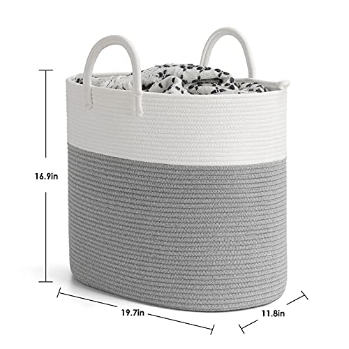 INDRESSME Tall Laundry Hamper with Handles, Cotton Rope Basket for Blankets Toys Yoga Mat, Dirty Clothes Basket Hampers for Bedroom or Laundry, 19.7 x 11.8 x 16.9 inches, Gray