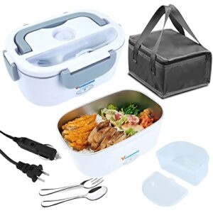 vchiming 60w electric lunch box food heater, 3 in 1 portable food warmer for car/truck/home, leak proof, 2 compartments, removable 304 stainless steel container 1.5l with fork & spoon and carry bag