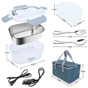 Vchiming 60W Electric Lunch Box Food Heater, 3 in 1 Portable Food Warmer for Car/Truck/Home, Leak proof, 2 Compartments, Removable 304 Stainless Steel Container 1.5L with Fork & Spoon and Carry Bag