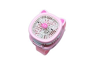shelbybox wrist fan for kids boys girls, small portable wearable watch fan with comfortable wrist strap, usb rechargeable, built in colorful led lights, fashion compact summer (pink)