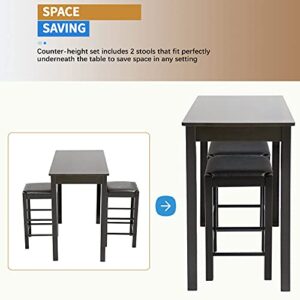 Dining Table Set for 2, Bar Table and Chairs Set, 3 Piece Kitchen Counter Height Table Set, Large Top Table w/Two Cushion PU Leather Bar Stools Dining Room Table Set for Small Spaces, Dark Brown