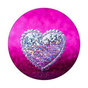 Pink Sparkle Silver Glitter Heart PopSockets Swappable PopGrip