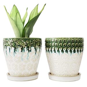 yffsrjdj 6 inch ceramic planter pots with drainage holes, saucers and mesh pads for indoor-outdoor plants, succulent orchid flower large round plant pot, set of 2 (green+white)