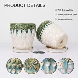 YFFSRJDJ 6 Inch Ceramic Planter Pots with Drainage Holes, Saucers and Mesh Pads for Indoor-Outdoor Plants, Succulent Orchid Flower Large Round Plant Pot, Set of 2 (Green+White)
