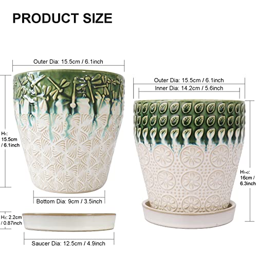 YFFSRJDJ 6 Inch Ceramic Planter Pots with Drainage Holes, Saucers and Mesh Pads for Indoor-Outdoor Plants, Succulent Orchid Flower Large Round Plant Pot, Set of 2 (Green+White)