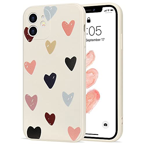 LLZ.COQUE Compatible with iPhone 12 Case Cute Matte Love Hearts Pattern Designed Bumper for Teen Girls Women Soft Liquid Silicone Protective Shockproof Phone Cover Beige Back Case for iPhone 12