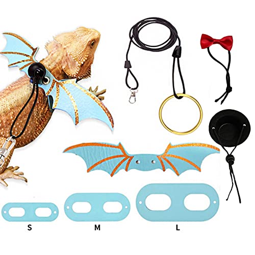 SEIS Bearded Dragon Lizard Leash and wings Harness Reptile Hat and Bowtie Costume Clothing Set Gift Small Animal Clothes Outfit (Blue)