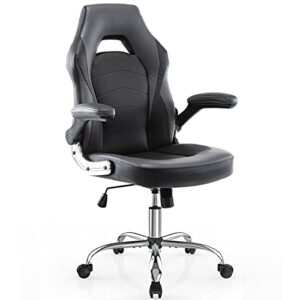 smug gaming chair, racing style bonded leather gamer chair, ergonomic office chair computer desk executive chair with adjustable height & flip-up arms, gaming chair for adults, teens, kids, black/grey