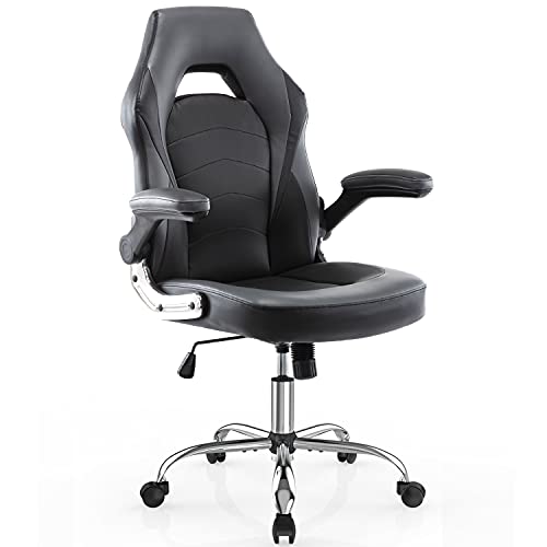 SMUG Gaming Chair, Racing Style Bonded Leather Gamer Chair, Ergonomic Office Chair Computer Desk Executive Chair with Adjustable Height & Flip-Up Arms, Gaming Chair for Adults, Teens, Kids, Black/Grey