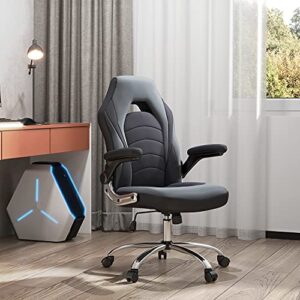 SMUG Gaming Chair, Racing Style Bonded Leather Gamer Chair, Ergonomic Office Chair Computer Desk Executive Chair with Adjustable Height & Flip-Up Arms, Gaming Chair for Adults, Teens, Kids, Black/Grey