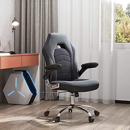 SMUG Gaming Chair, Racing Style Bonded Leather Gamer Chair, Ergonomic Office Chair Computer Desk Executive Chair with Adjustable Height & Flip-Up Arms, Gaming Chair for Adults, Teens, Kids, Black/Grey