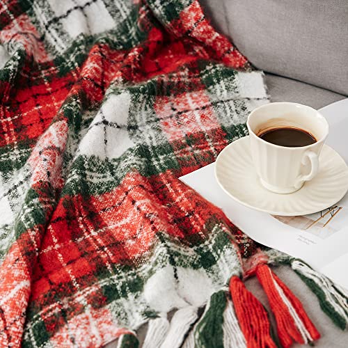 G Lake Christmas Plaid Throw Blanket Green Red Super Soft Faux Cashmere with Tassels for Couch Sofa Halloween Home Decor 50in x 60in (Xmas)