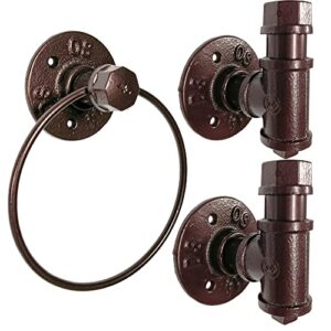 3 pack industrial pipe bathroom hardware accessories set, include 2robe coat towel hook and 1 towel ring threaded wall mounted rustic decor accessories kit(bronze)