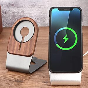 Walnut Gray Magnetic Mag Safe Phone Stand 12 pro Wooden Bracket Cradle Aluminum Alloy Mobile Cellphone Holder Metal Wireless Charger Office Kickstand Dock for iPhone 12, 12 Pro max, 12 Mini