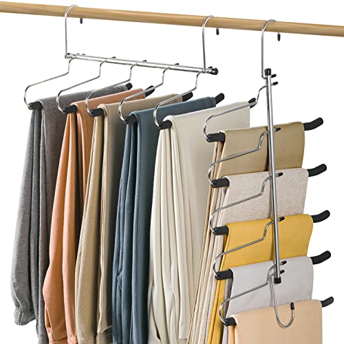 CINKSY Pants Jeans Hangers Space Saving 5 Layers Clothes Hangers with Non-Slip Foam Padded Swing Arm Trousers Hangers Heavy Duty Multi-Layer Pants Rack for Slacks Scarf - 2 Pack