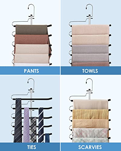 CINKSY Pants Jeans Hangers Space Saving 5 Layers Clothes Hangers with Non-Slip Foam Padded Swing Arm Trousers Hangers Heavy Duty Multi-Layer Pants Rack for Slacks Scarf - 2 Pack