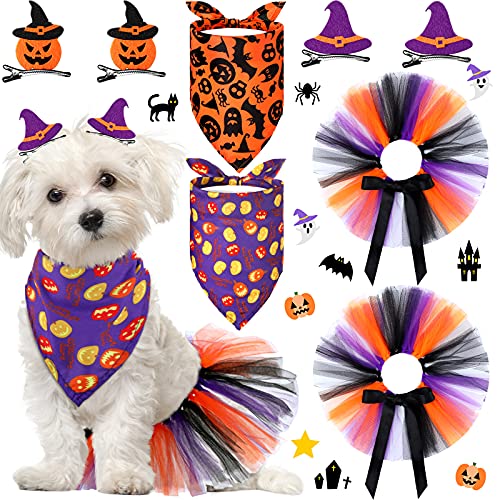 8 Pieces Halloween Dog Tulle Tutu Skirt with Halloween Dog Bandana Cartoon Hairpins Halloween Dog Costumes Pet Halloween Accessories Supplies for Small Dogs Cats Halloween Birthday Party Supplies