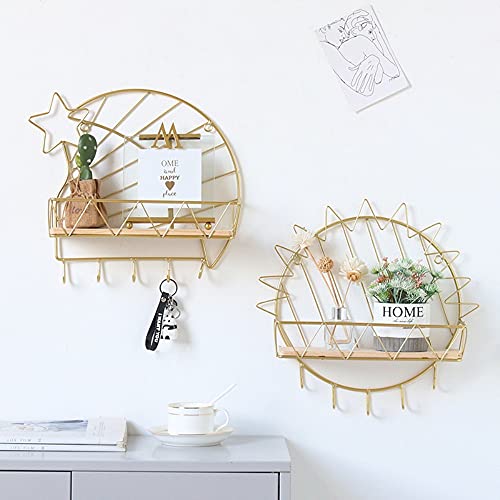 Iron Wall Mounted Storage Shelves,Floating Wall Shelves,Wall Moon Heart Hanging Rack Decorative Display Rack for Living Room Bedroom Kitchen Bathroom (Sun)