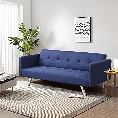 Giantex Convertible Futon Sofa, Modern 3 Seat Sofa Bed with USB and Power Strip, Folding Loveseat, Linen Fabric Lounge Couch for Apartment Dorm, Easy Assembly (Blue)