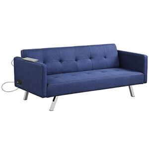 Giantex Convertible Futon Sofa, Modern 3 Seat Sofa Bed with USB and Power Strip, Folding Loveseat, Linen Fabric Lounge Couch for Apartment Dorm, Easy Assembly (Blue)