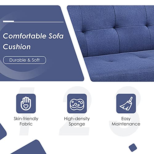 Giantex Convertible Futon Sofa, Modern 3 Seat Sofa Bed with USB and Power Strip, Folding Loveseat, Linen Fabric Lounge Couch for Apartment Dorm, Easy Assembly (Blue)