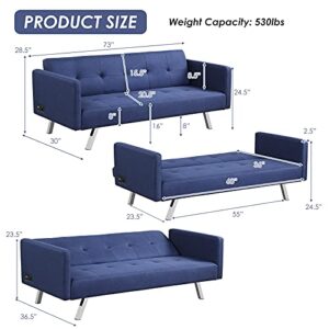 Giantex Convertible Futon Sofa, Modern 3 Seat Sofa Bed with USB and Power Strip, Folding Loveseat, Linen Fabric Lounge Couch for Apartment Dorm, Easy Assembly (Blue)