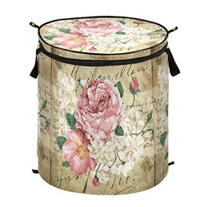 alaza 50 l pop-up laundry hamper, vintage shabby chic pink rose floral freestanding collapsible large clothes basket for clothes toys