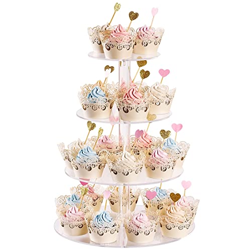 Cupcake Stand, 4-Tier Round Acrylic Cupcake Display Stand Dessert Tower Pastry Stand for Wedding Birthday Theme Party- 15.3 Inches (Transparent)