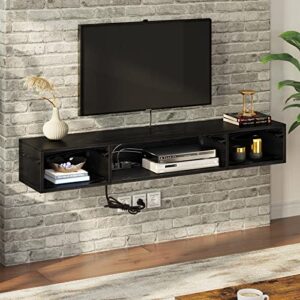 Rolanstar TV Stand with Power Outlet, Floating TV Stand with RGB Lights, 47.2" Wall Mounted TV Shelf, Black Media Console with Storage Shelf, Entertainment Shelf Under TV for Living Room, Bedroom