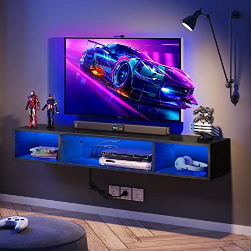 Rolanstar TV Stand with Power Outlet, Floating TV Stand with RGB Lights, 47.2" Wall Mounted TV Shelf, Black Media Console with Storage Shelf, Entertainment Shelf Under TV for Living Room, Bedroom