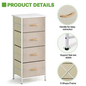 JSungo Dresser Storage Tower with 4 Drawers, Fabric Organizer Unit with Wooden Top for Bedroom, Living Room, Closets, 4 Tier Fabric Shelf with Steel Frame and Handles for Printer, Beige