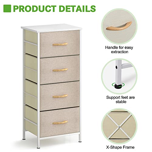 JSungo Dresser Storage Tower with 4 Drawers, Fabric Organizer Unit with Wooden Top for Bedroom, Living Room, Closets, 4 Tier Fabric Shelf with Steel Frame and Handles for Printer, Beige