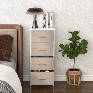 JSungo Dresser Storage Tower with 4 Drawers, Fabric Organizer Unit with Wooden Top for Bedroom, Living Room, Closets, 4 Tier Fabric Shelf with Steel Frame and Handles for Printer, Beige