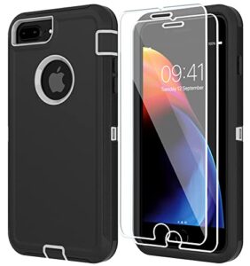 onola compitable with iphone 8 plus case,iphone 7 plus case + tempered glass screen protector [2 packs] heavy duty protection phone case for iphone 8 plus & 7 plus (black grey, iphone 8/7 plus)