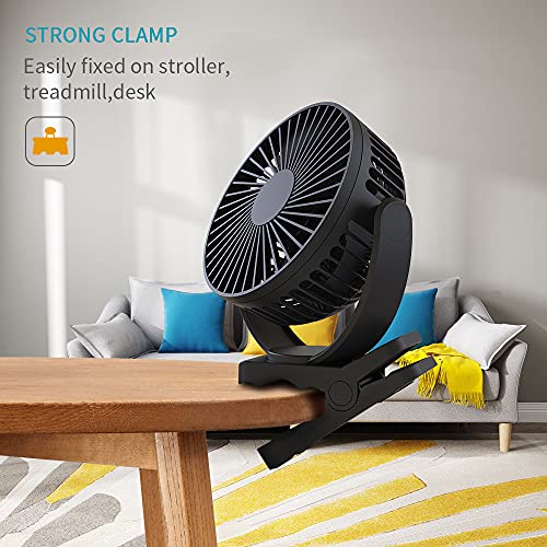 xasla 5000mAh Rechargeable Battery Operated Clip on Fan , Quiet & Strong Airflow, USB Desk Fan, Strong Hold Personal Portable Fan for Stroller, Golf Cart, Treadmill, Beach, Camping tent, Black
