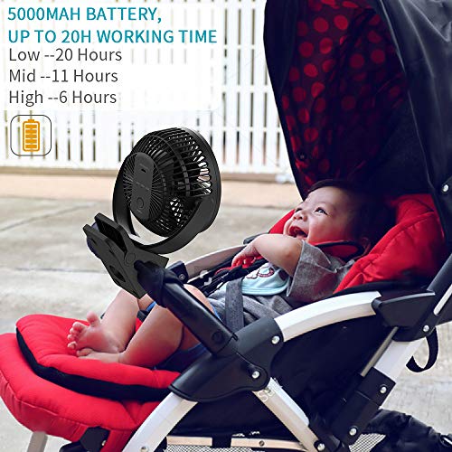 xasla 5000mAh Rechargeable Battery Operated Clip on Fan , Quiet & Strong Airflow, USB Desk Fan, Strong Hold Personal Portable Fan for Stroller, Golf Cart, Treadmill, Beach, Camping tent, Black