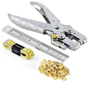 POUPHY Hole Punch Tool, Eyelet Hole Puncher Kits with 3/16 inch 200 Pcs Gold & Silver Metal Grommets for Leather Fabric Belt Clothes Card Paper Canvas Decorative Repair